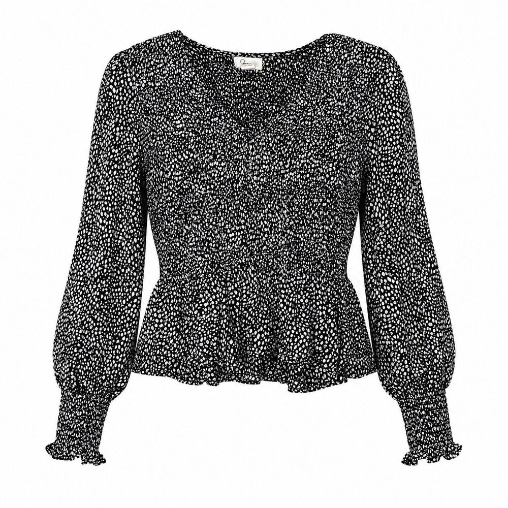 Japna Women’s M Black White Spot Print Smocked Peplum Blouse Puff Sleeve